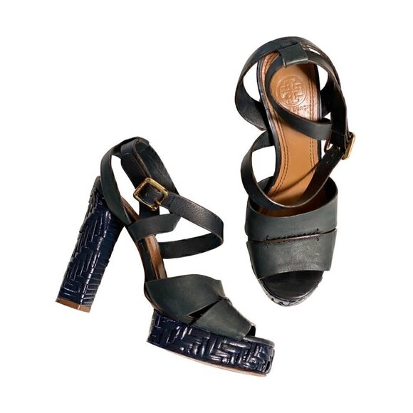 Tory Burch Shoes - Tory Burch Cella Navy Blue Leather Ankle Strap Platform Sandals 6.5 Rattan